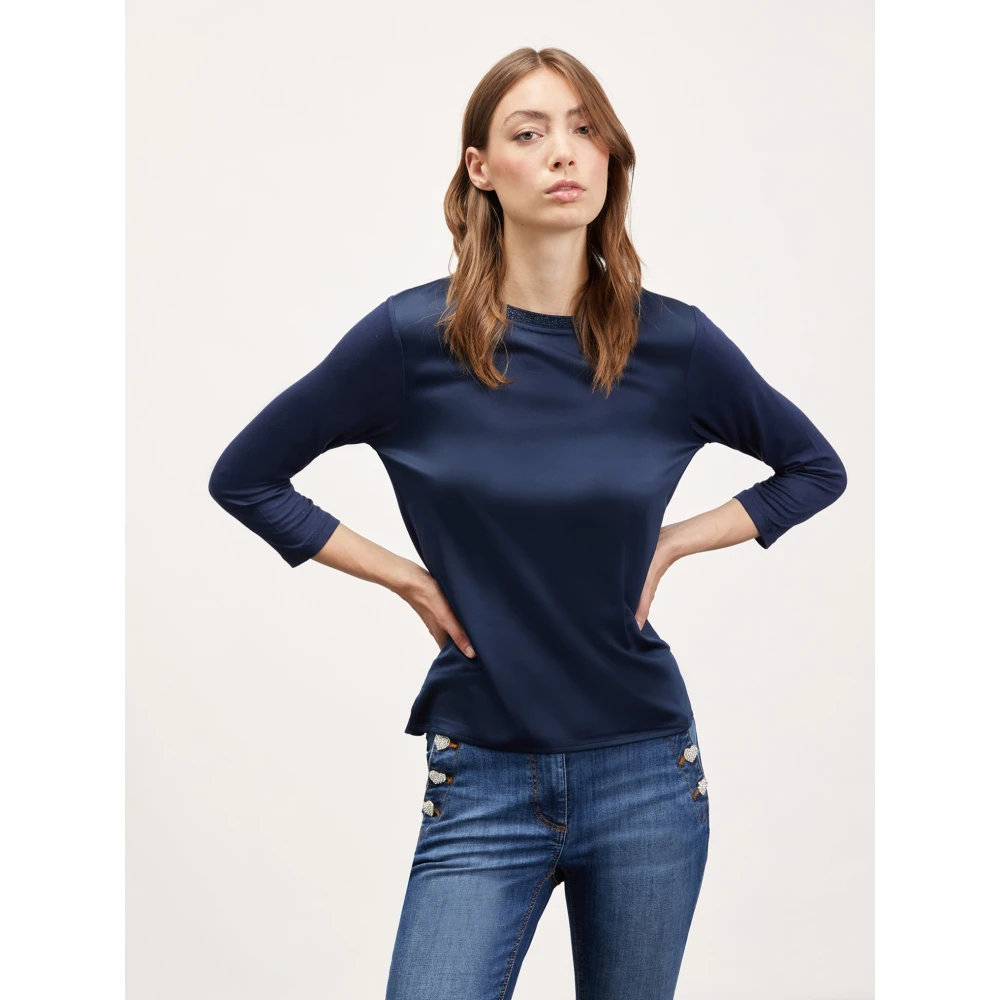 Motivi Basis T-shirt gemaakt van twee materialen Blue Dames