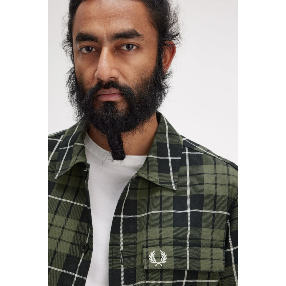 Fred Perry Geruite katoenen overhemd met opgestikte zakken Green Heren