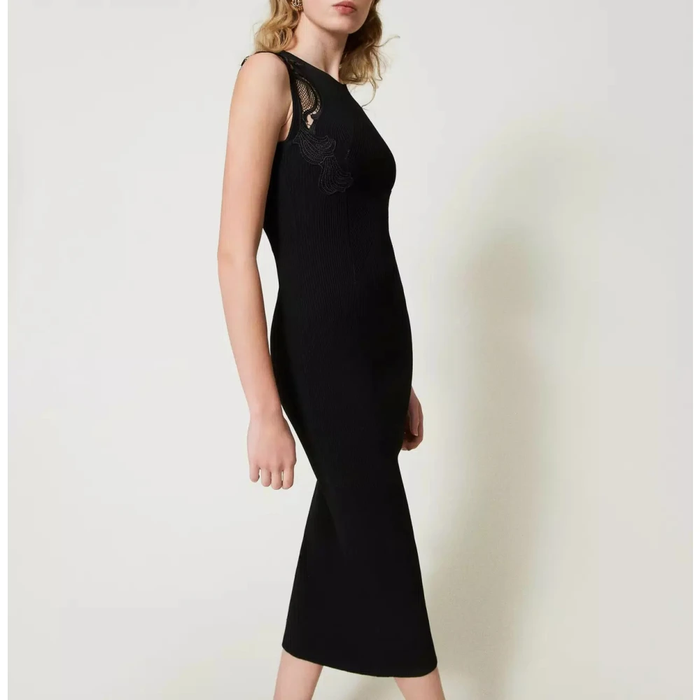 Twinset Lange Gebreide Jurk met Kant Detail Black Dames