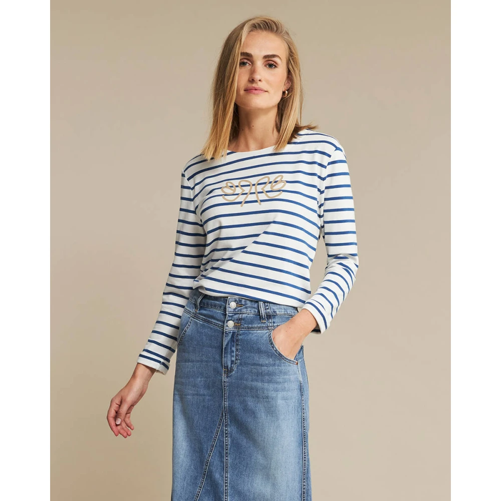 Red Button Gestreepte Borstprint Lange Mouw Top White Dames