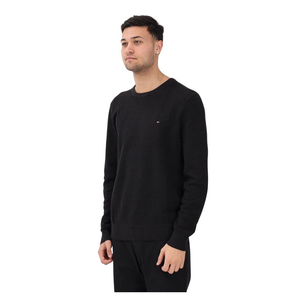 Tommy Hilfiger Homme Noir - Pull Texturé Col Rond Avec Broderie Drapeau - Pulls - Taille: Xl