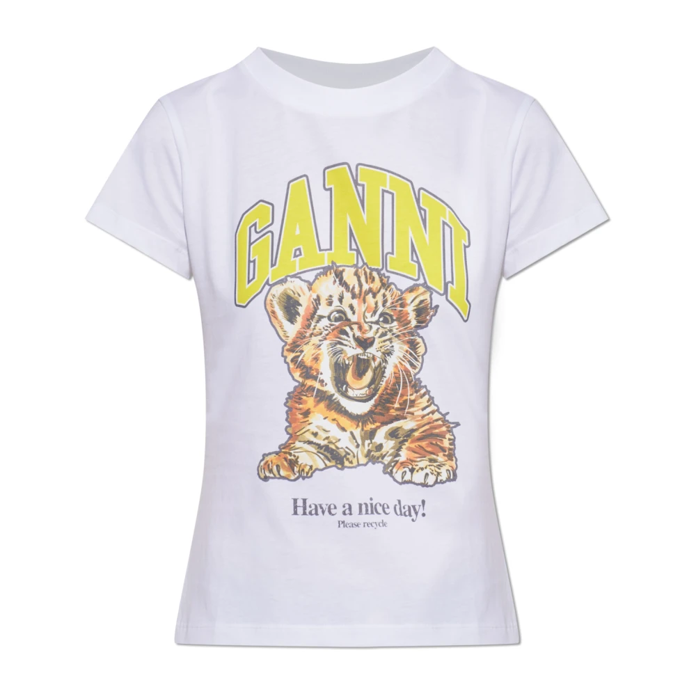 Ganni Vrouw Wit Tops Dames, S, Katoen, T-Shirt Met Print