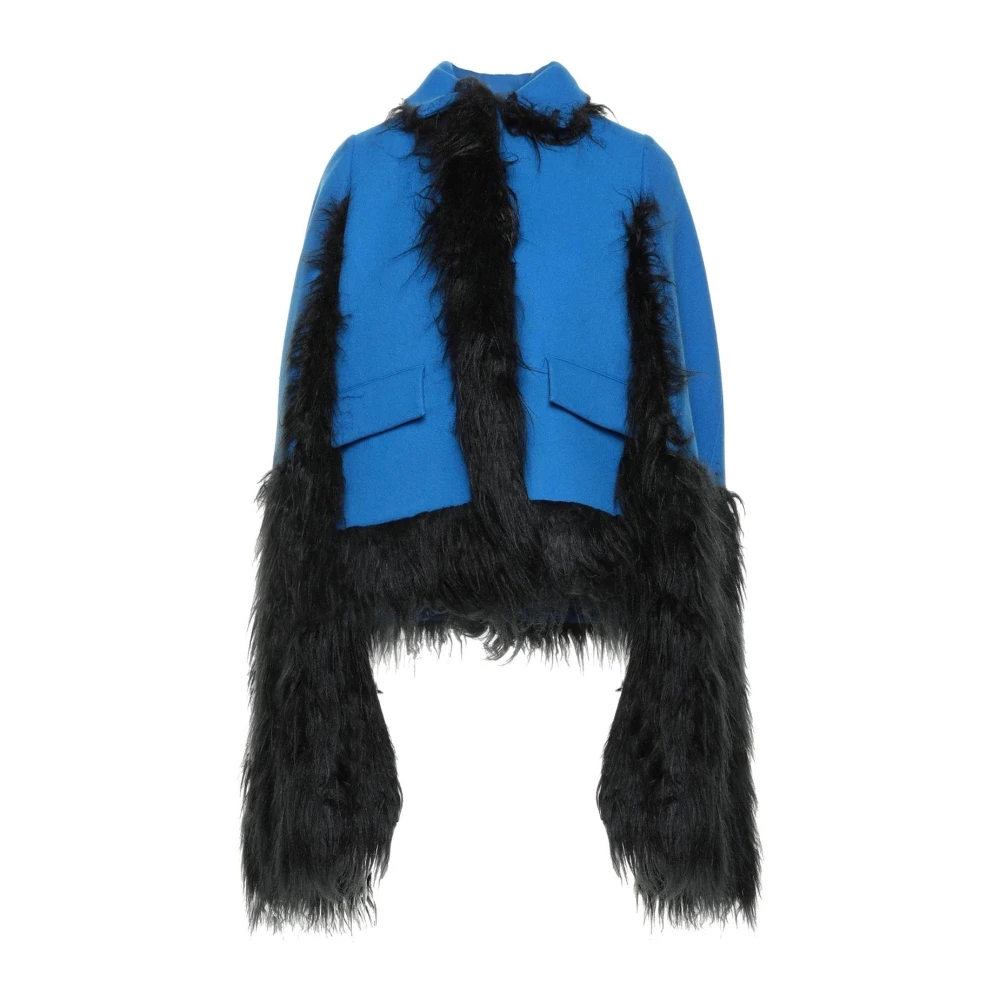 Maison Margiela Faux Fur Trimmed Cape Jacket Blue Dames