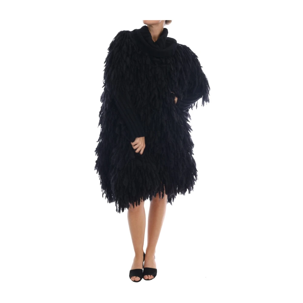Dolce & Gabbana Women's Black Faux Fur & Shearling Jackets, S, Luxury Wool And Cashmere Fringe Jumper