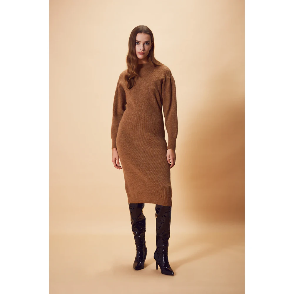Nenette Bruine Gebreide Wol Midi Jurk Brown Dames