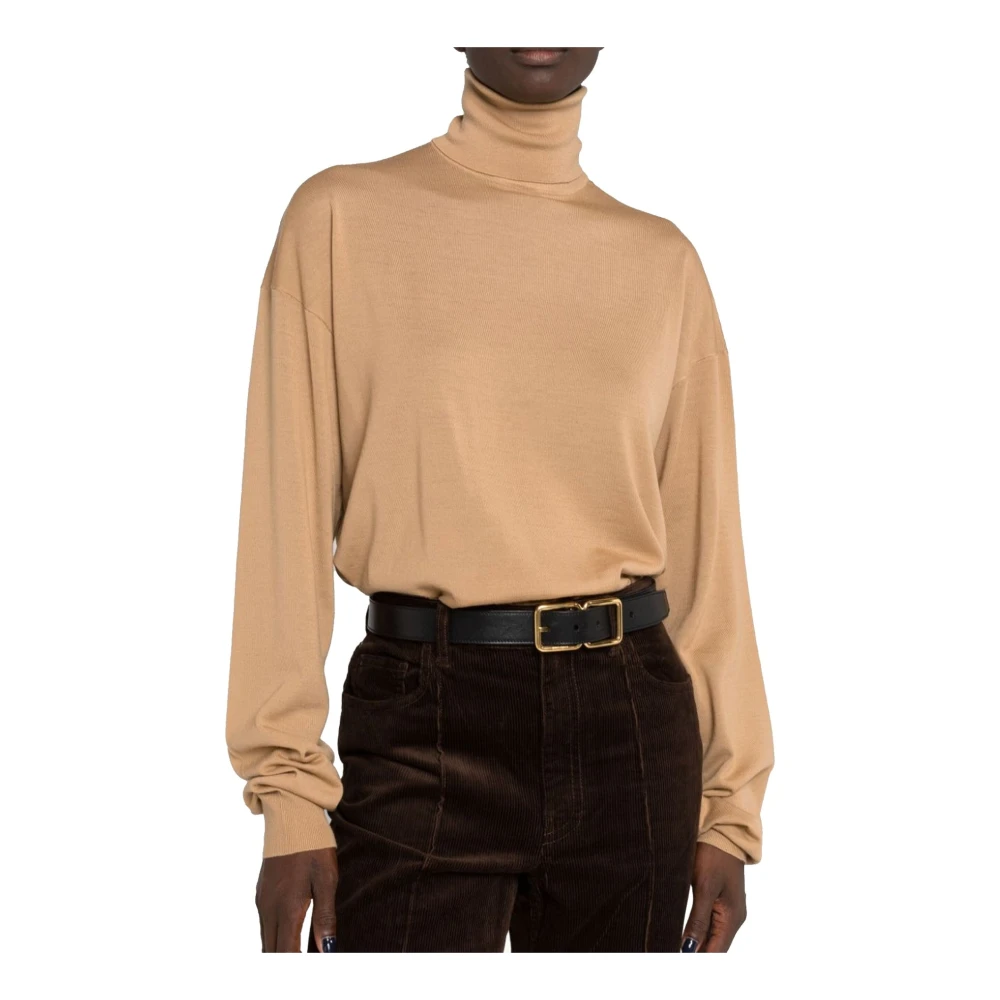 Saint Laurent Wollen Ribgebreide Pullover met Hoge Hals Brown Dames