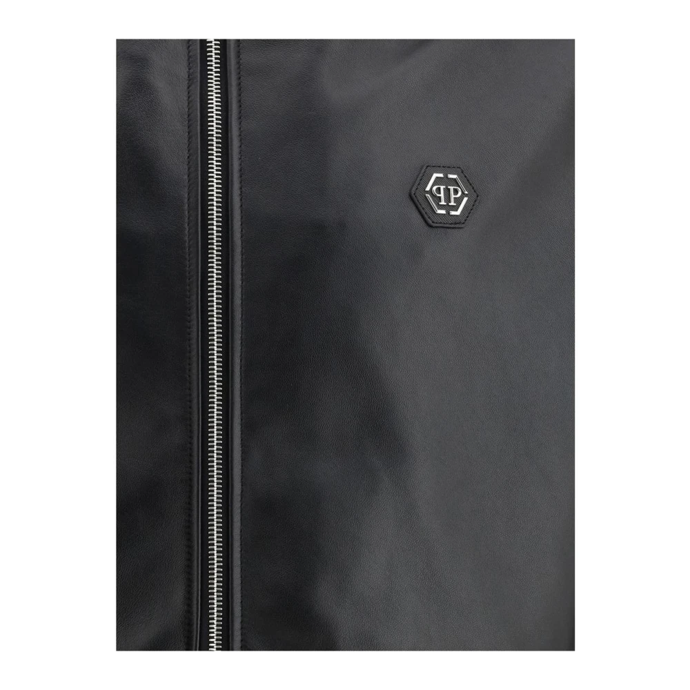 Philipp Plein Leren Hoodie met Logo Plaque Black Heren