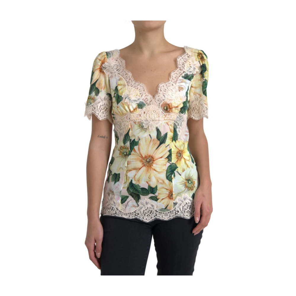 Dolce & Gabbana Women's Multicolor Blouses, 2XS, Floral Lace Trim Top