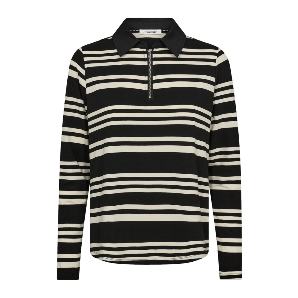 Co'Couture Sporty Stripe Polo Blouse Top Black, Dam