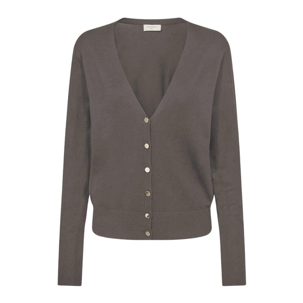 Freequent Feminine Cardigan met V-Hals en Gouden Knopen Gray Dames