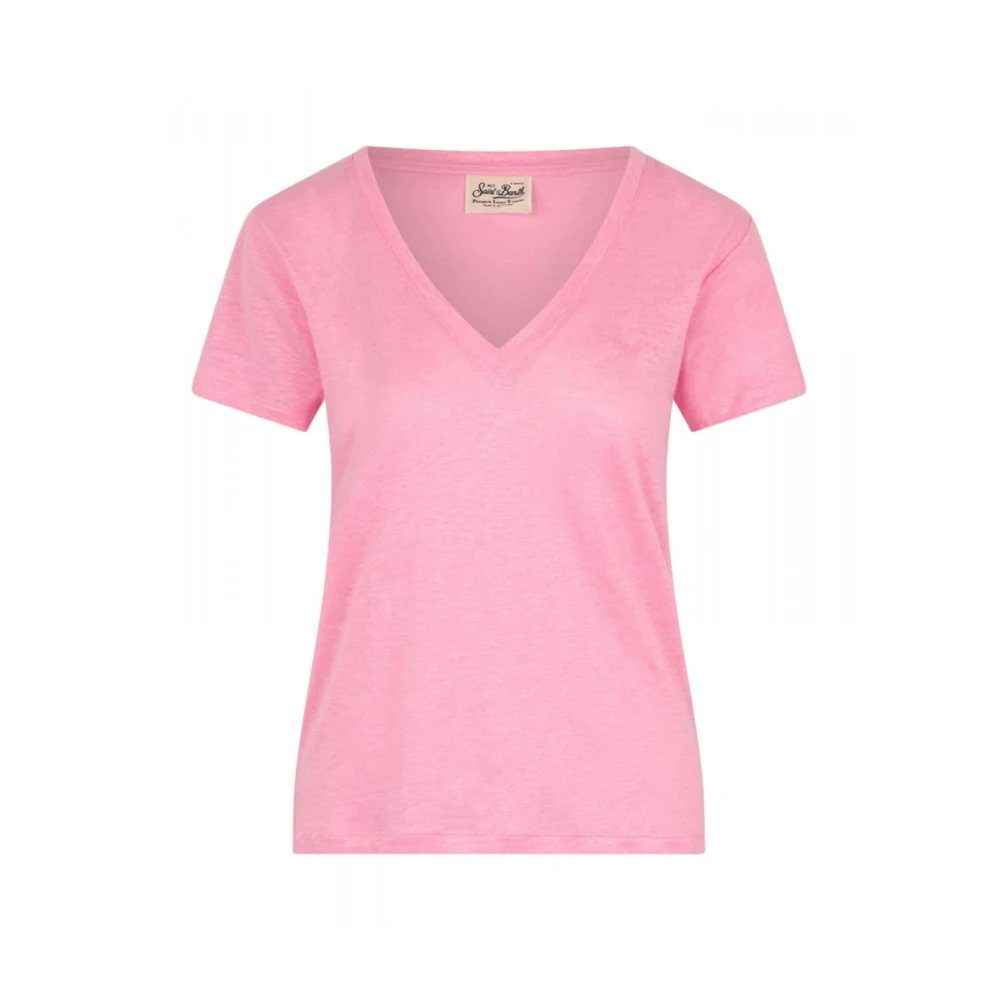 MC2 Saint Barth Eloise Roze V-Hals Linnen T-Shirt Pink Dames