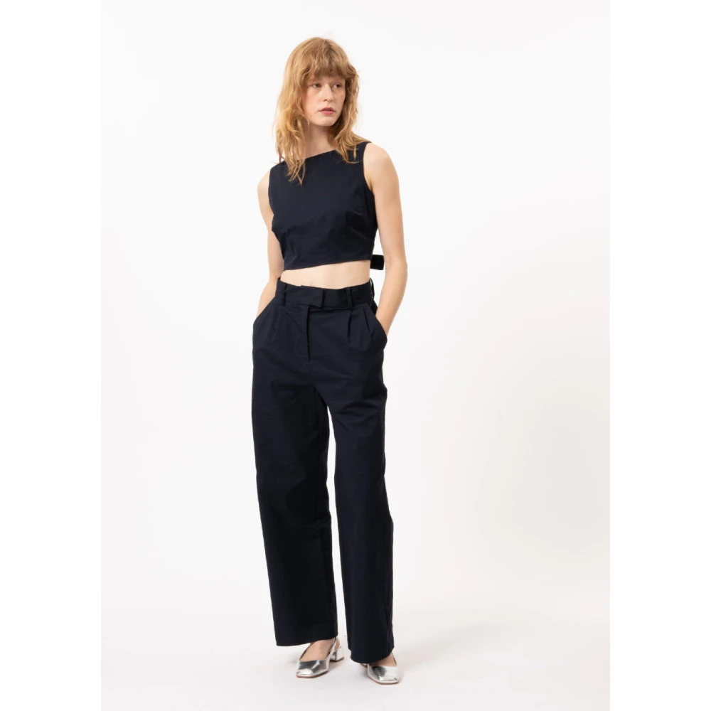 FRNCH Navy Linnen Wijde Pijp Broek Albane Blue Dames