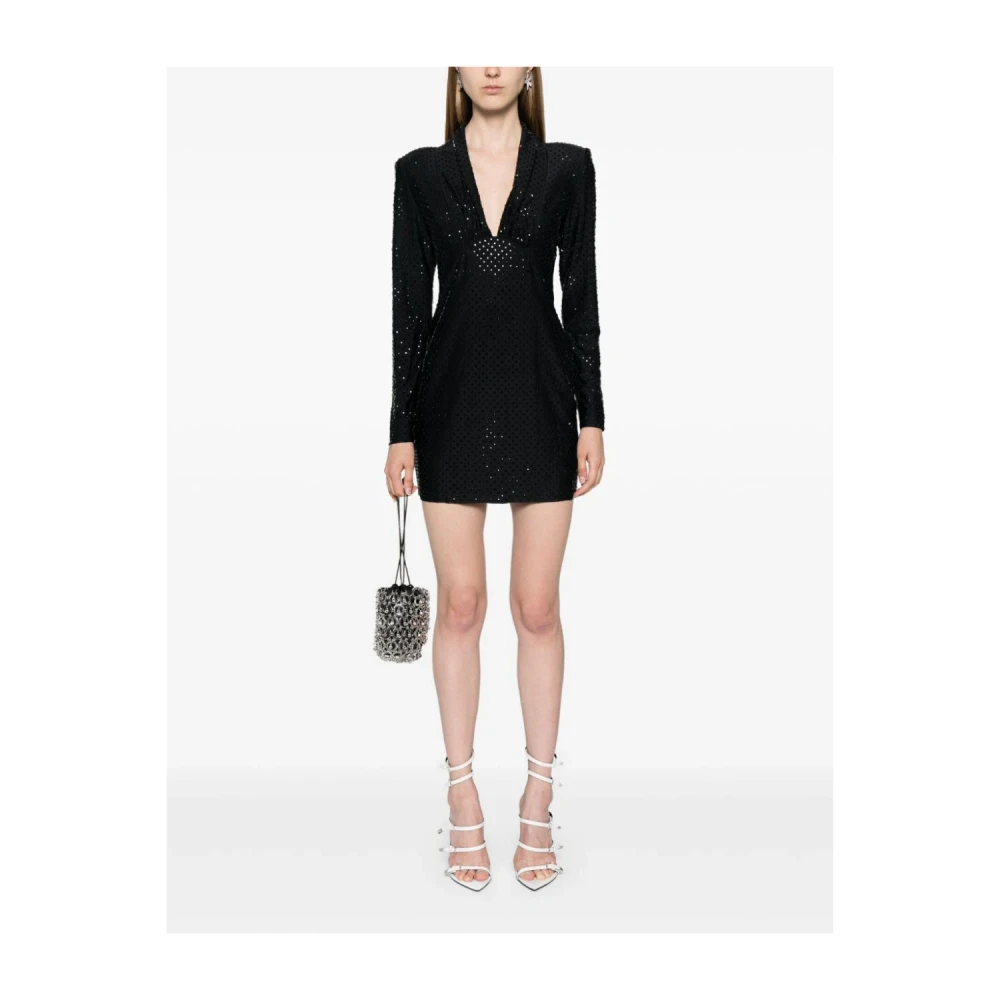 Self Portrait Mini Jurk met Strasssteentjes en Plunging Neckline Black Dames