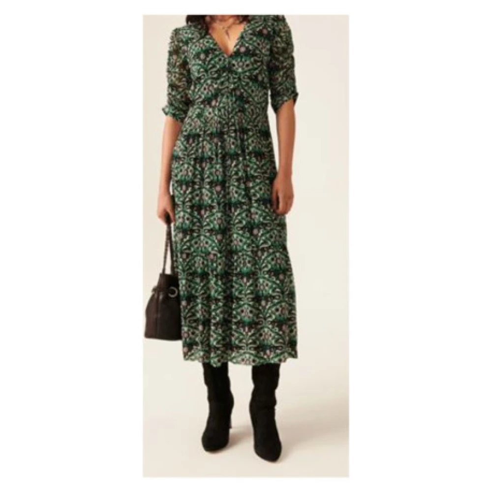 BA&SH Abstract Print V-Neck Jurk Green Dames