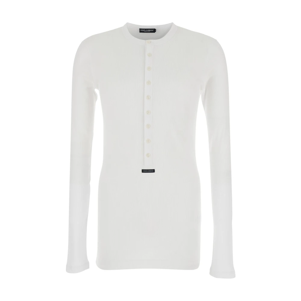 Dolce & Gabbana Men's White Cotton Serafino T-Shirt With Label - Long Sleeve T-Shirts - Xl - Tops