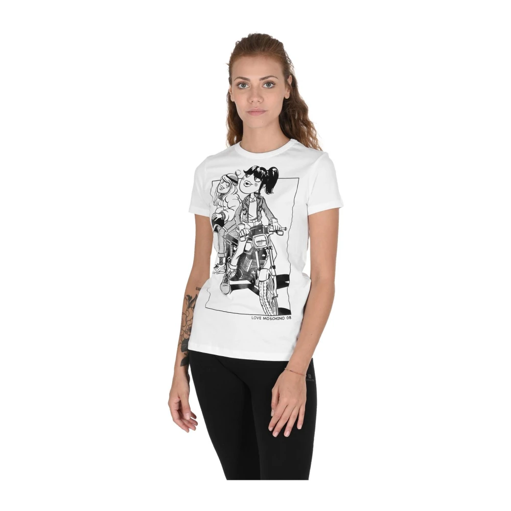 Love Moschino Women's White T-Shirts, Xs, Graphic Motorcycle Tee Stylish Cotton