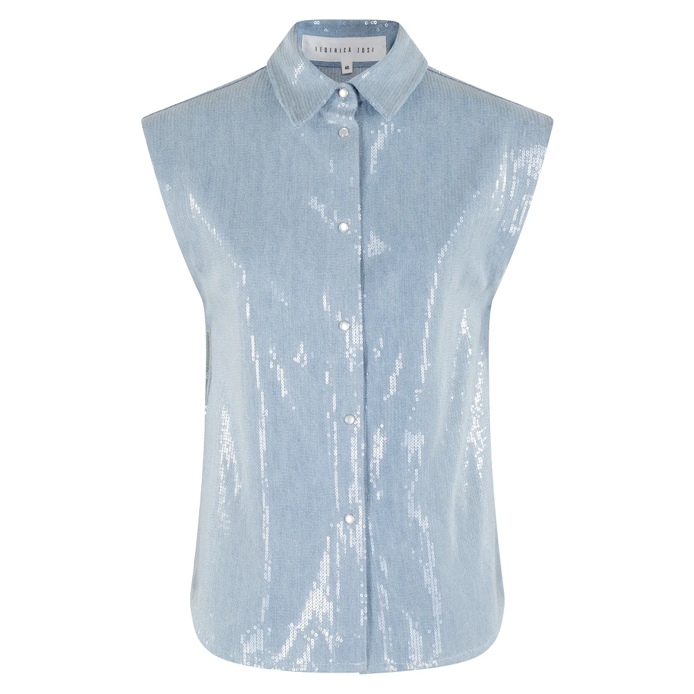 Federica Tosi Denim Paillet Korte Mouw Top Blue Dames
