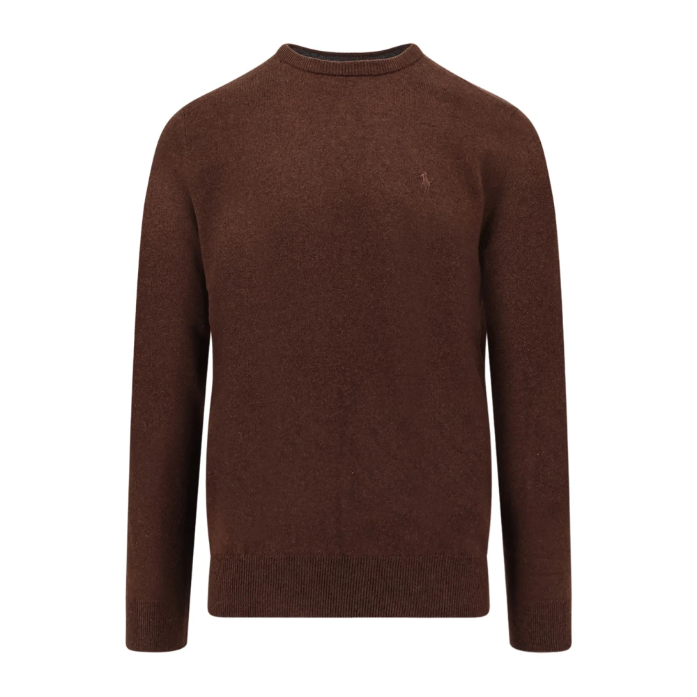 Polo Ralph Lauren Men's Brown Round-Neck Knitwear, 2XL, Logo Embroidered Wool Jumper