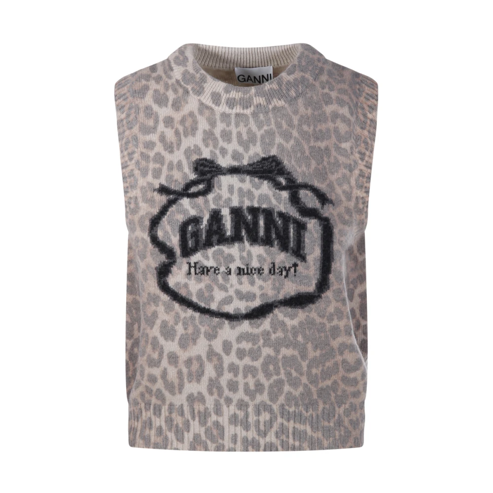 Ganni Women's Brown Graphic Wool Vest - Round-Neck Knitwear - S - Knitwear