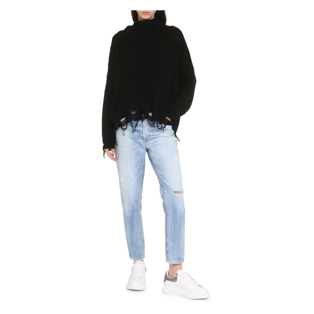 pinko Geribbelde Gebreide Coltrui met Distressed Details Black Dames
