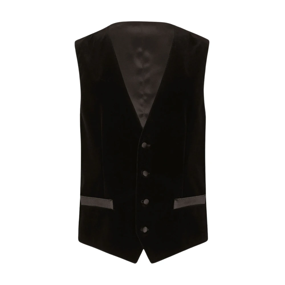 Dolce & Gabbana Men's Black Waistcoats, 2XL, Single-Breasted Velvet Vest