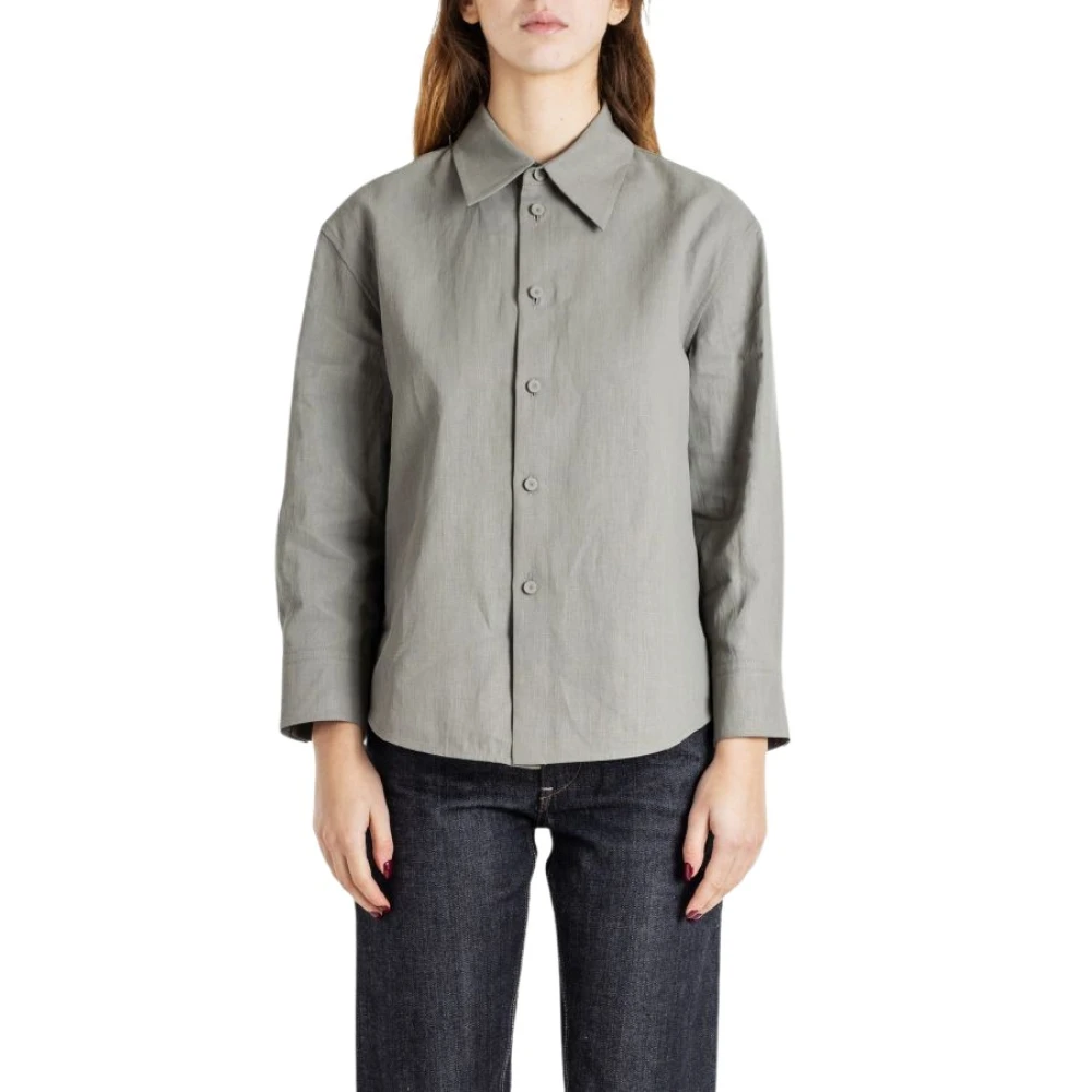 Jil Sander Grijze shirt in gecoat linnen knoopsluiting Gray Dames