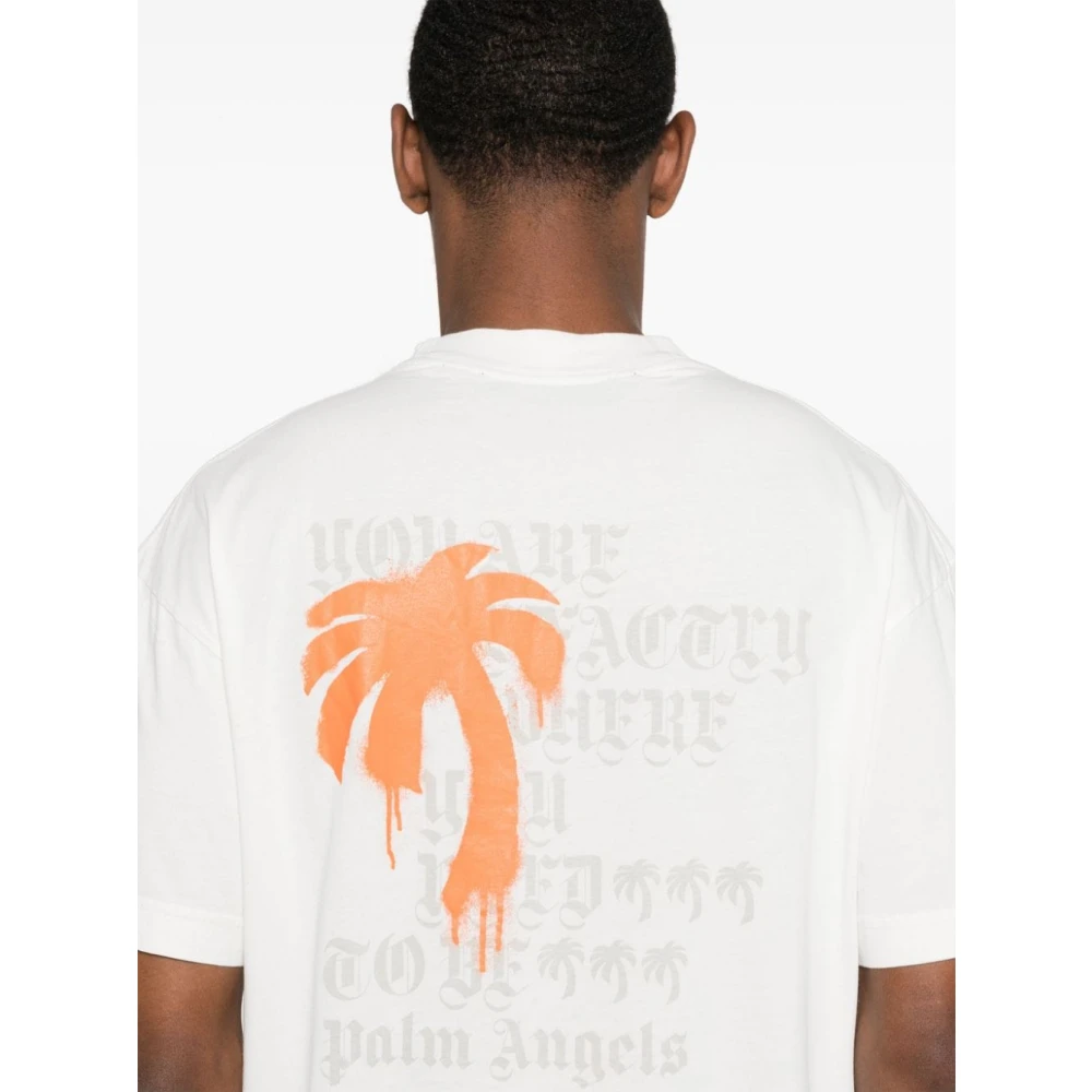 Palm Angels Monogram Crew-neck T-shirt met Orange Palm Tree Print Beige Heren