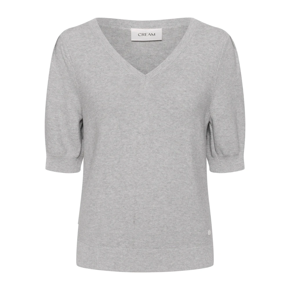 Cream Grijze Melange V-Hals Gebreide Trui Gray Dames