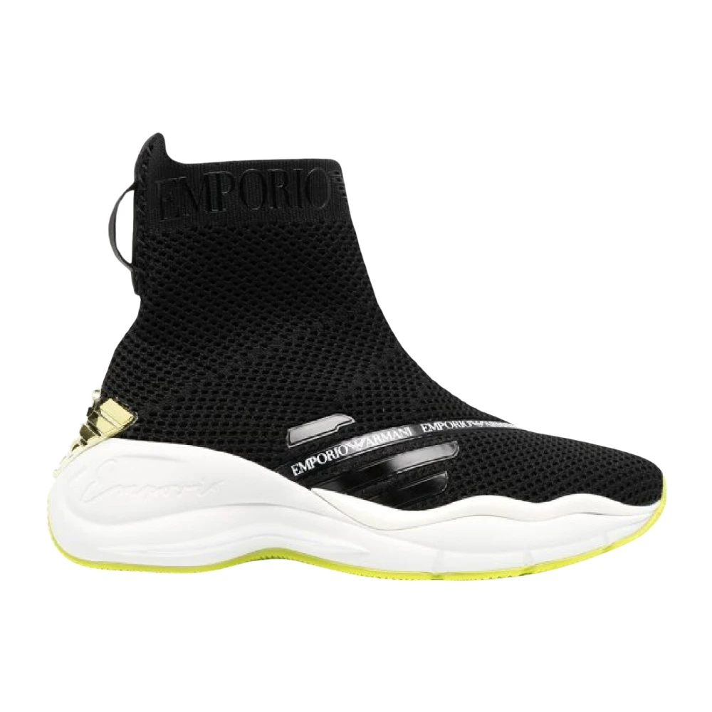Emporio Armani Chunky Stickade Svarta Sneakers med 3D Lime Grön Örn Logo - Storlek 42 Black, Dam