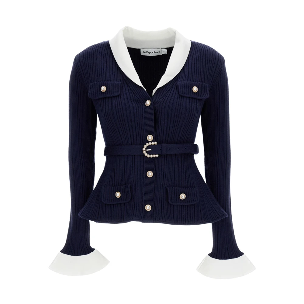 Self Portrait Women's Blue Ribbed Knit Cardigan - Cardigans - L - Knitwear