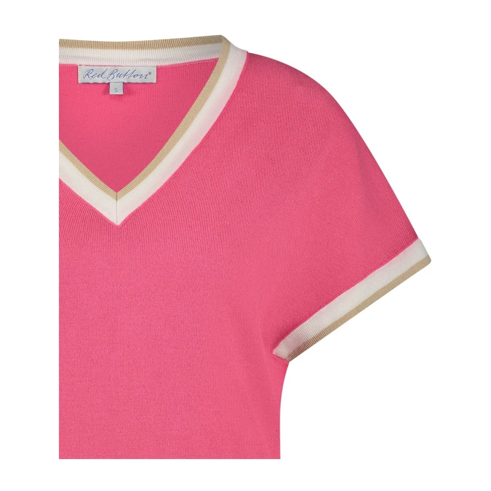 Red Button Roze V-hals Shirt met Gekleurde Rand Pink Dames