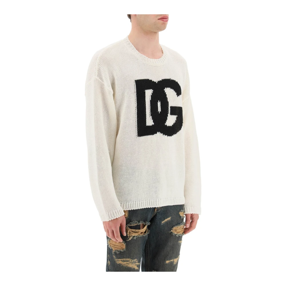 Dolce & Gabbana Contrasterende Jacquard Logo Crewneck Sweater White Heren