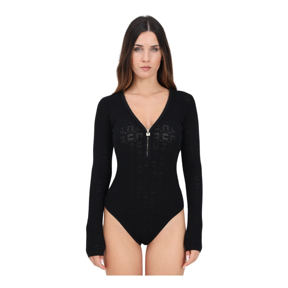 Elisabetta Franchi Zwart Mesh Logo Body Top Black Dames