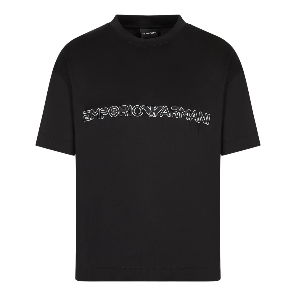 Emporio Armani Svart Tencel Herr T-shirt med Logo Patch Black, Herr