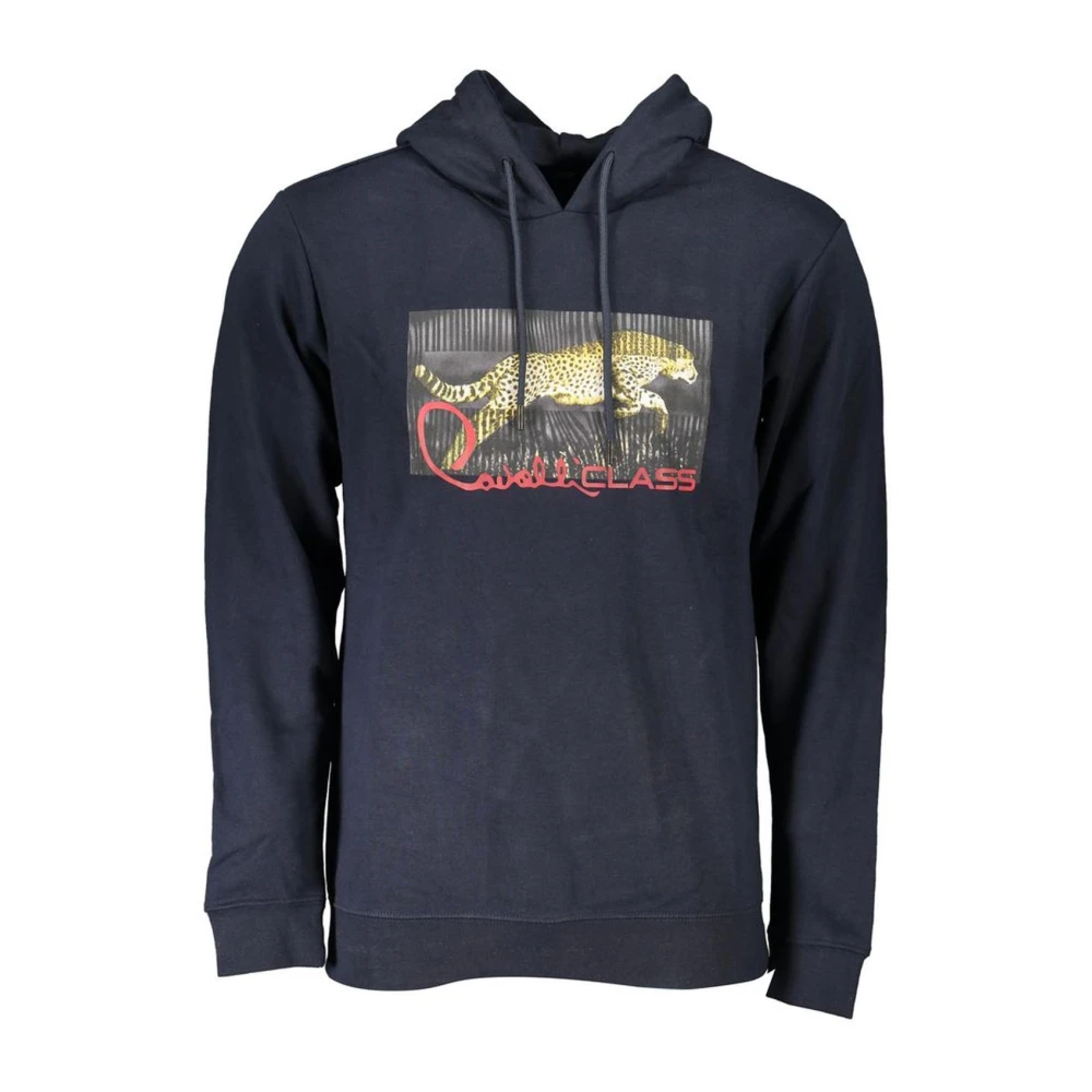 Cavalli Class Men's Blue Hoodies,, Brushed Long Sleeve Hooded Sweatshirt With Logo Print Small