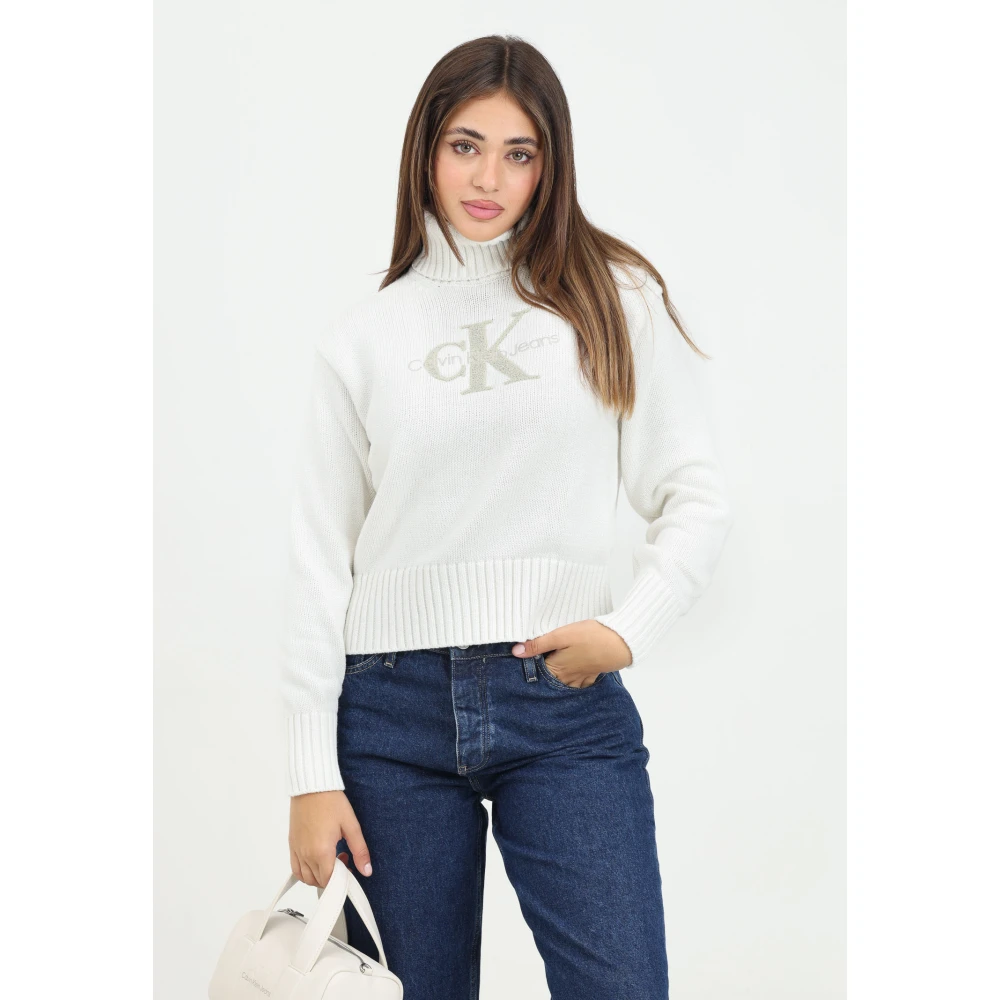 Calvin Klein Jeans Witte Sweater met Chenille Logo Applicatie White Dames