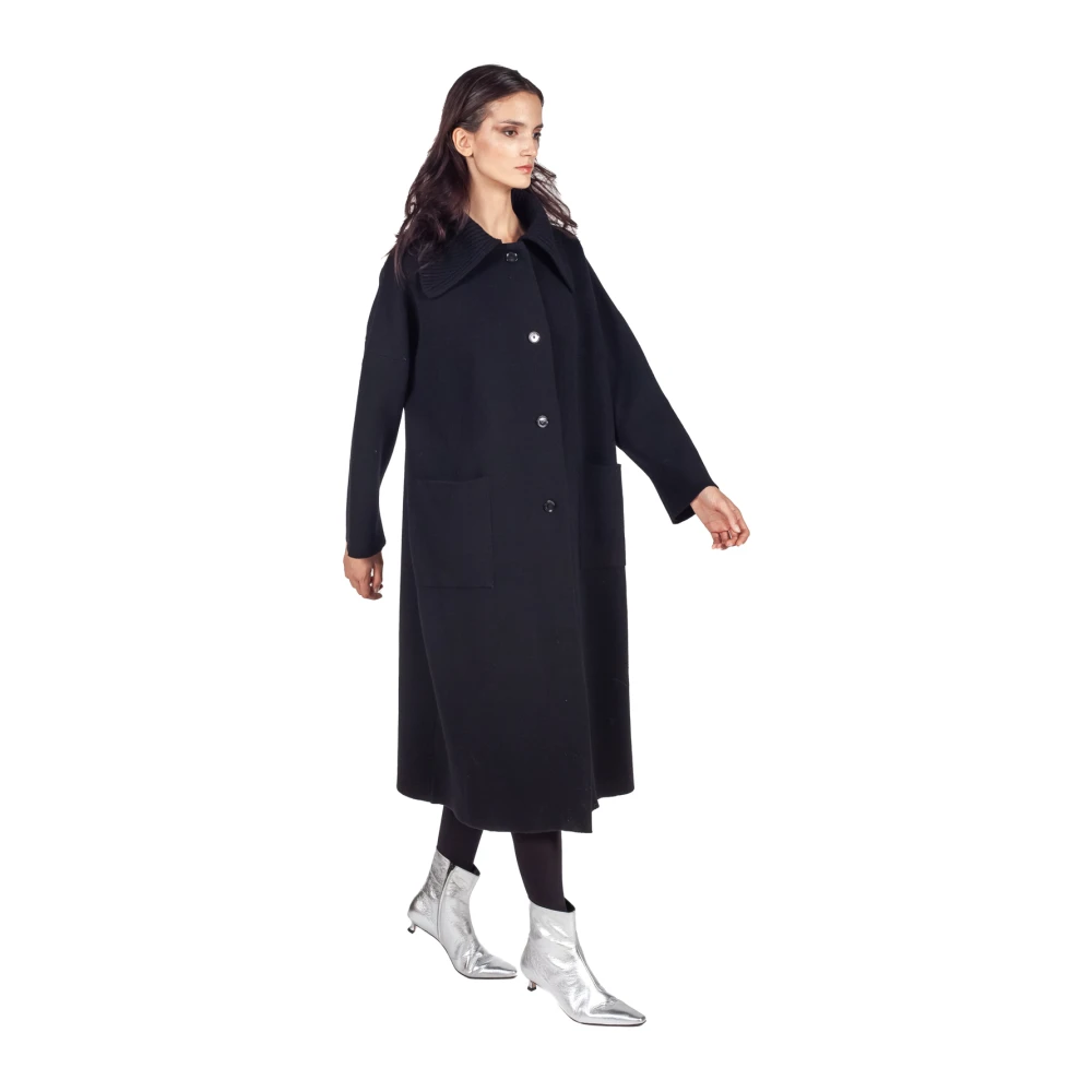 Liviana Conti Zwarte Wollen Blend Ribkraag Jas Black Dames