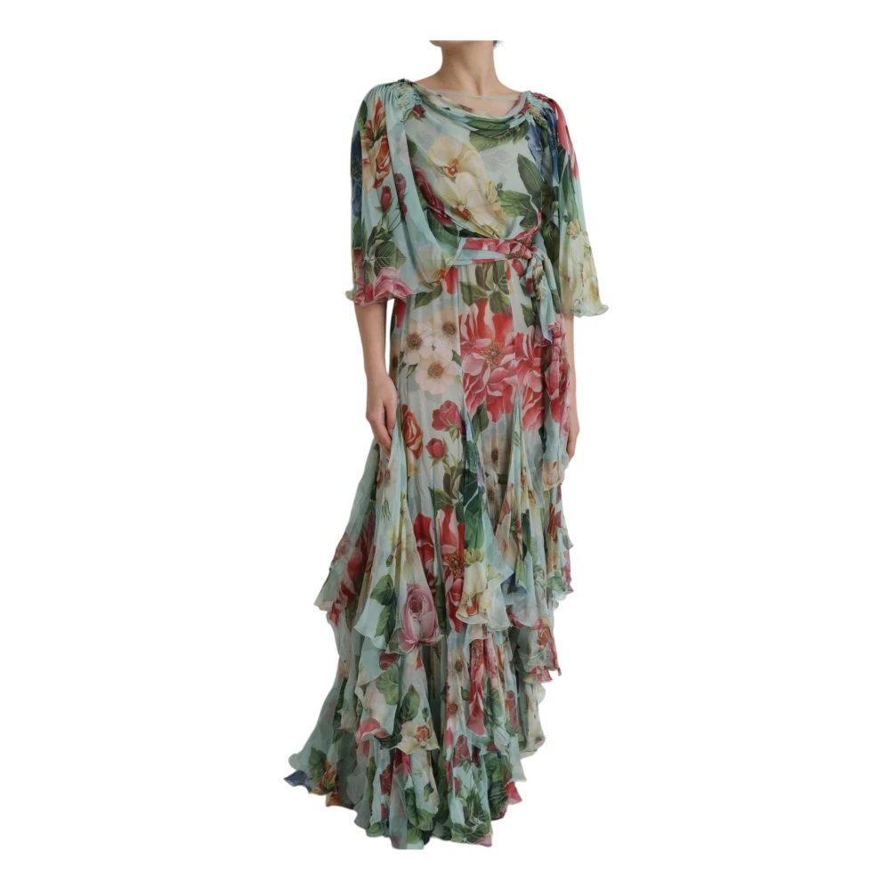 Dolce & Gabbana Blauwe Bloemen Gelaagde Maxi Zijden Jurk Multicolor Dames