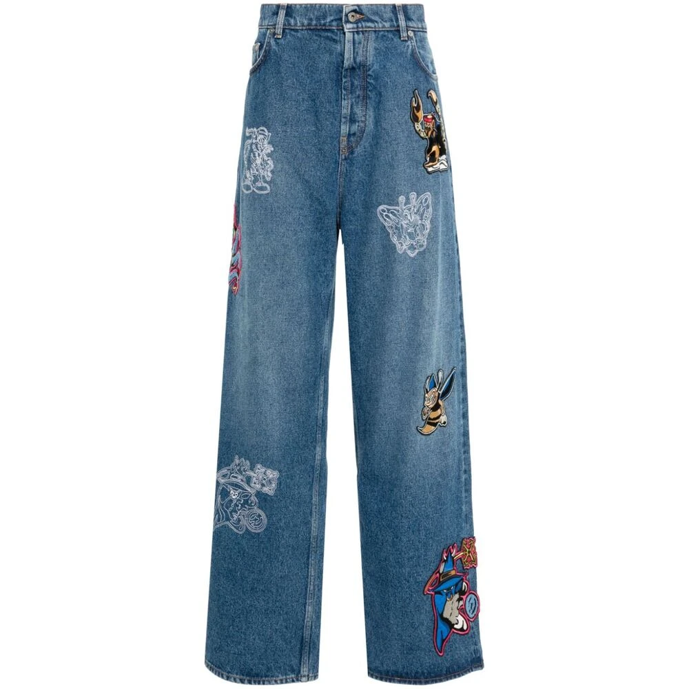 Off White Indigo Blauwe Denim Geborduurde Jeans Blue Heren