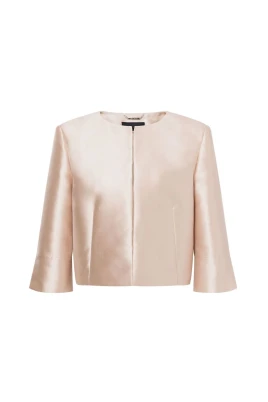 Beige Satin Finish Crew Neck Jacket