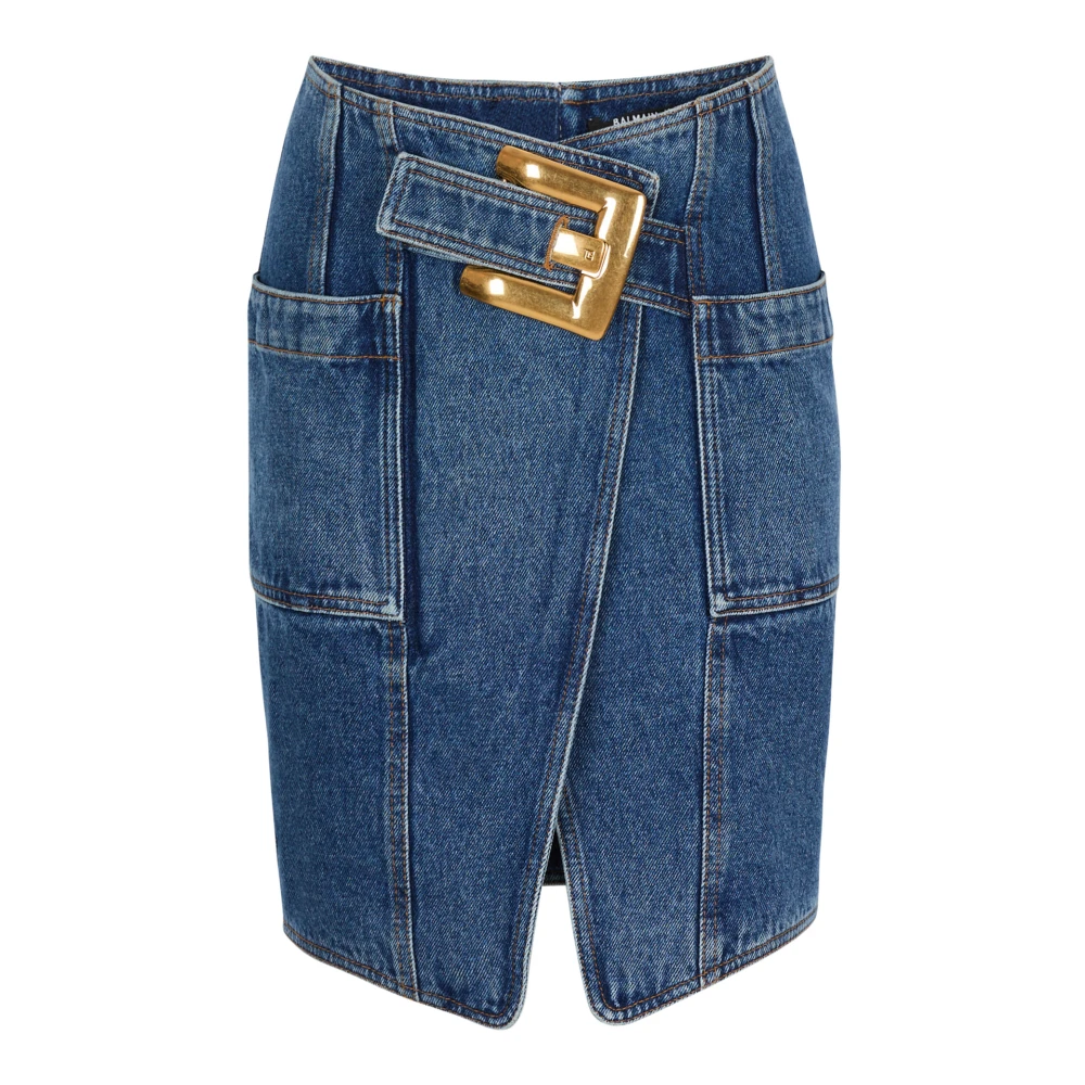 Balmain Blue Short Denim Skirt With Belt - Female - Denim Skirts - L - Skirts