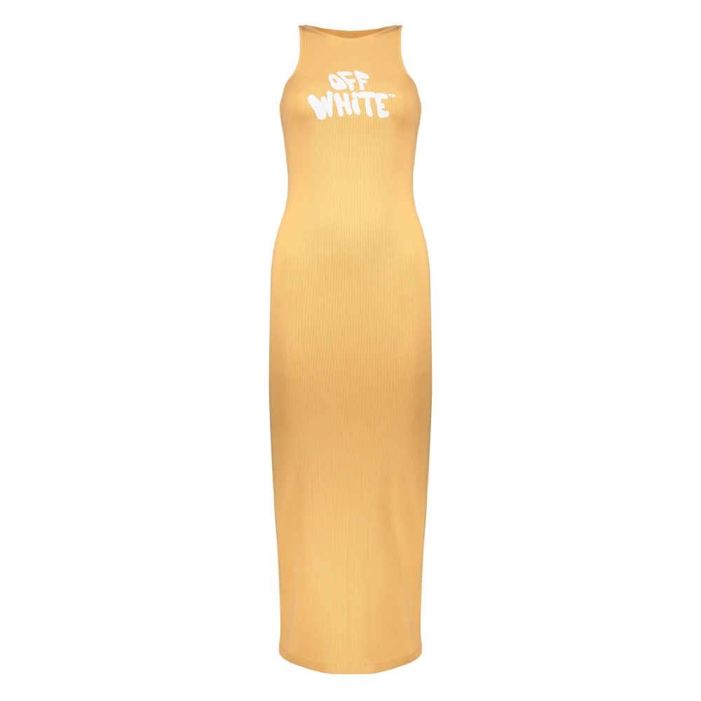 Off White Geribbelde Lange Jurk met Vooraan Logo Orange Dames