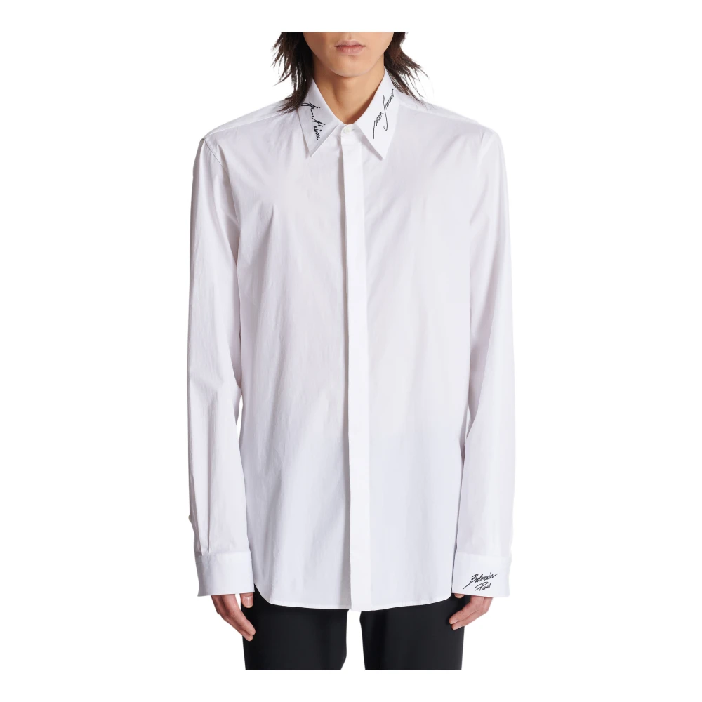 Balmain Popeline overhemd met geborduurde kraag White Heren