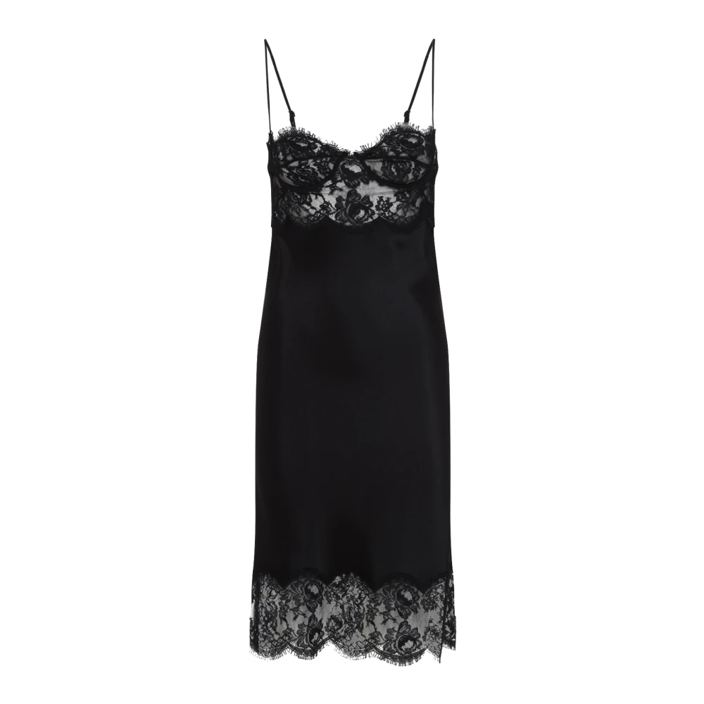 Saint Laurent Zwart Zijden Kant Midi Jurk Black Dames