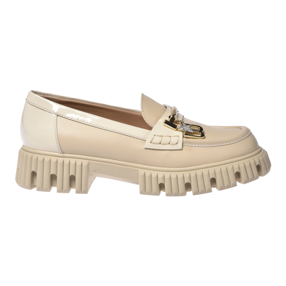 Baldinini Femme Beige Chaussures, Taille: 35 Eu Vanilla Leather And Patent Leather Loafers