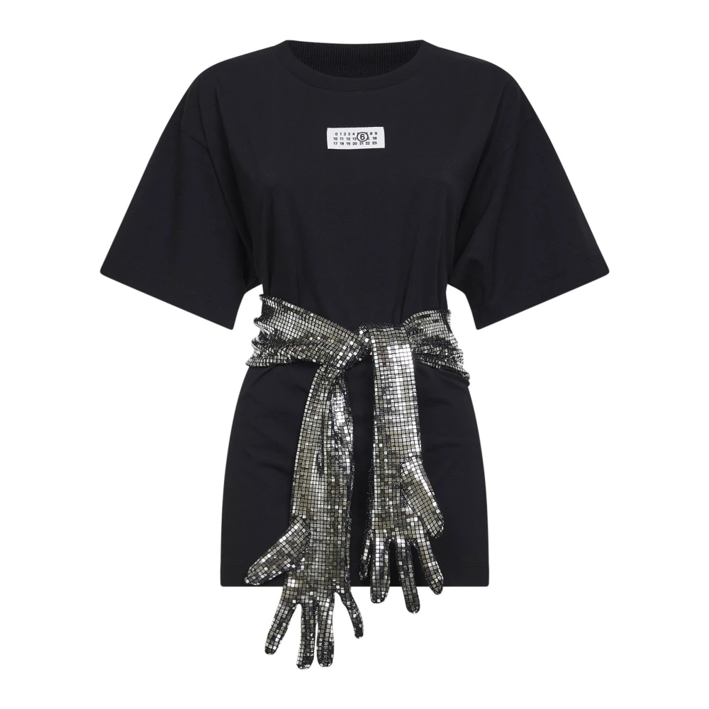 Mm6 Maison Margiela Women's Black Gloves-Detail Cotton T-Shirt - Shirt Dresses - S - Dresses