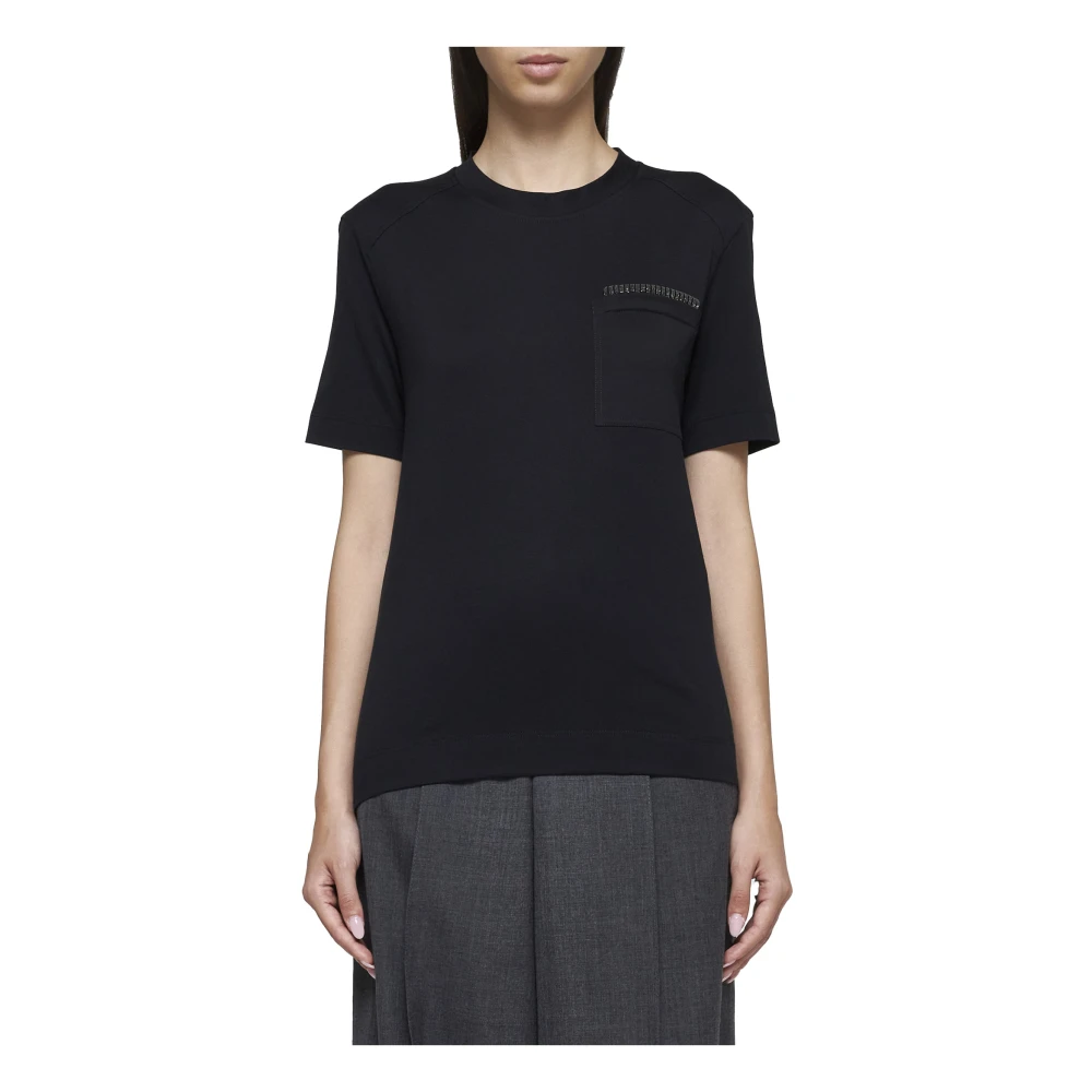 BRUNELLO CUCINELLI Zwarte Katoenen T-shirt met Monile Versiering Black Dames