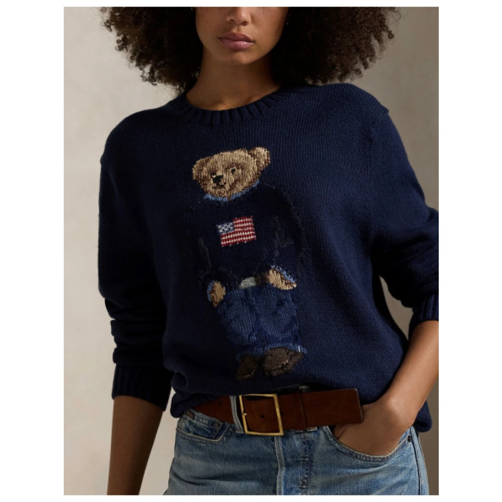 Polo Ralph Lauren Jacquard Katoenen Linnen Polo Bear Trui Blue Dames