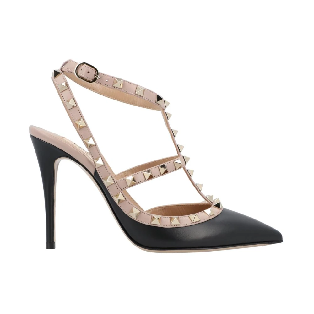 Valentino Garavani Zwarte Leren Rockstud T-Strap Hakken