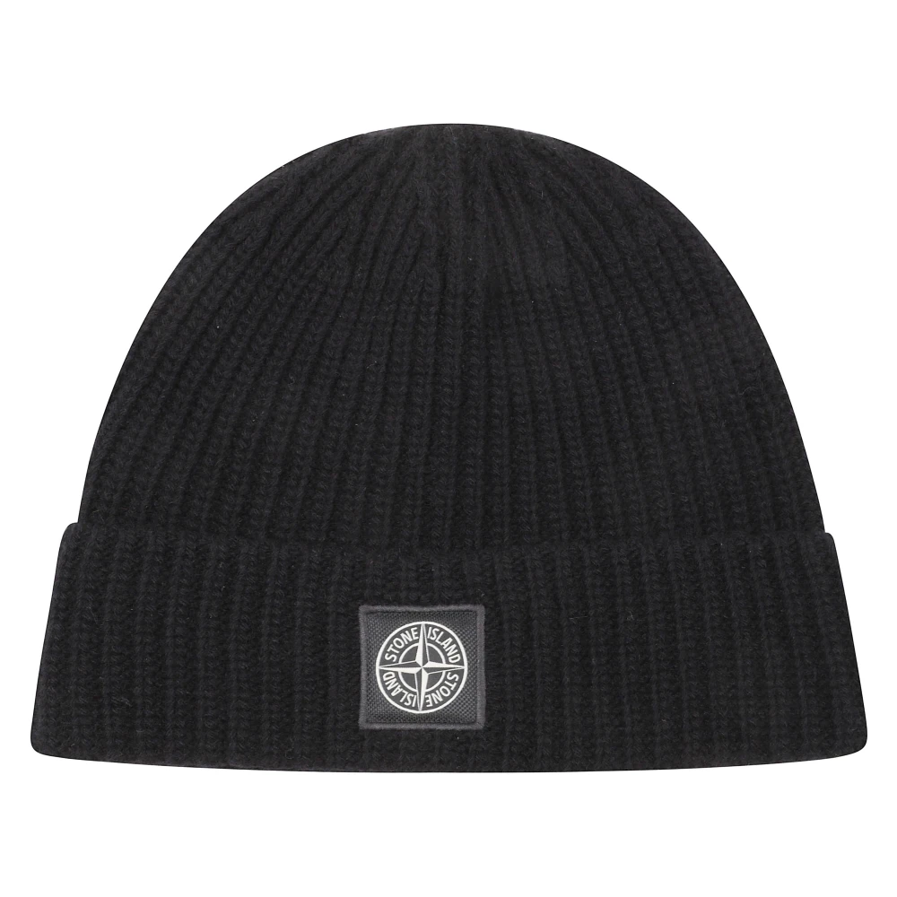 Stone Island Ribbed Knit Logo Beanie - Male - Accessories - Black - One Size - Accessories